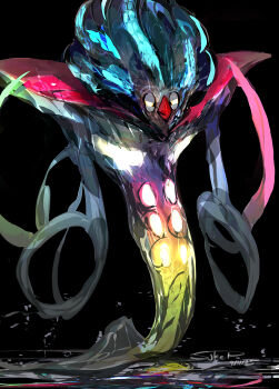 absurdres beak black_background colored_skin dated gen_6_pokemon highres malamar mega_malamar multicolored_skin narrowed_eyes nintendo no_humans pokemon pokemon_(creature) signature solo sukepmonster tentacles water