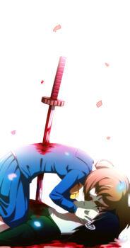 Rule 34 | 1boy, 1girl, ahopan, black hair, blood, brown hair, corpse party, corpse party (pc-98), corpse party if, death, impaled, kasui sayako, kishinuma yoshiki, kishinuma yoshiki (pc-98), long hair, aged up, sailor collar, school uniform, serafuku, short hair, sword, tears, weapon