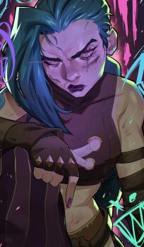 Rule 34 | 1girl, arcane: league of legends, arm tattoo, blue hair, braid, braided ponytail, breasts, brown gloves, cinnabarbie, collarbone, crop top, eyelashes, fingerless gloves, gloves, highres, jinx (league of legends), league of legends, long hair, looking at viewer, midriff, pants, pink nails, purple lips, sideboob, solo, striped clothes, striped pants, tattoo, vertical-striped clothes, vertical-striped pants