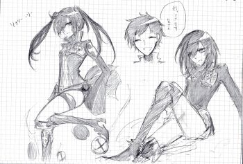 3girls armored_boots badge belt black_order_uniform bob_cut boots character_name checkered_background closed_eyes collared_jacket commentary_request cross d.gray-man emblem eyelashes facing_viewer floating_clothes front_zipper frown graphite_(medium) greyscale hair_between_eyes hair_over_one_eye hair_over_shoulder high_heel_boots high_heels highres jacket leg_up legs lenalee_lee long_hair long_sleeves looking_at_viewer looking_to_the_side medium_hair military military_uniform miniskirt monochrome multiple_girls multiple_persona parted_bangs parted_lips pixie_cut pleated_skirt short_hair shorts sidelocks skirt sleeves_past_fingers sleeves_past_wrists smile speech_bubble striped_clothes striped_jacket tamaki_(okisora) thigh_strap thighs traditional_media twintails vertical-striped_clothes vertical-striped_jacket very_long_hair white_background zipper