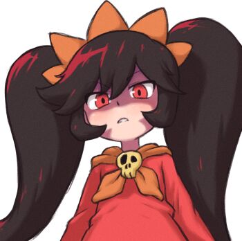 1girl ashley_(warioware) beachepisode black_hair dress hair_between_eyes hairband long_hair long_sleeves looking_at_viewer neckerchief nintendo orange_hairband orange_neckerchief parted_lips red_dress red_eyes skull_ornament solo twintails upper_body very_long_hair warioware white_background
