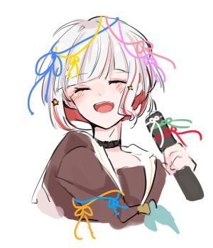 1girl :d ^_^ aqua_neckerchief blue_ribbon blush brown_dress closed_eyes commentary diploma_tube dress facing_viewer graduation green_ribbon hair_ornament hasu_no_sora_school_uniform highres holding link!_like!_love_live! long_sleeves love_live! neckerchief open_mouth orange_ribbon pink_ribbon purple_ribbon red_ribbon ribbon roku_aya_fuyu sailor_collar sailor_dress school_uniform simple_background smile solo star_(symbol) star_hair_ornament teeth upper_teeth_only virtual_graduation_commemoration virtual_youtuber white_background white_ribbon white_sailor_collar winter_uniform yellow_ribbon yugiri_tsuzuri