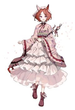 1girl animal_ears blush branch breasts brown_hair brown_ribbon ear_covers floral_print floral_print_kimono flower-shaped_pupils flower_in_eye hakama highres holding holding_branch horse_ears horse_girl japanese_clothes kimono looking_at_viewer migolu official_alternate_costume open_mouth petals pink_eyes pink_kimono pink_veil print_kimono purple_eyes ribbon sakura_laurel_(nouvelle_pousse)_(umamusume) sakura_laurel_(umamusume) shoes short_hair simple_background single_ear_cover smile solo symbol-shaped_pupils symbol_in_eye umamusume veil white_background white_hakama