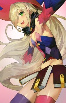 1girl :d absurdres armpits asymmetrical_legwear asymmetrical_sleeves blonde_hair book breasts cancanbaobao55 commentary cowboy_shot detached_sleeves feather_collar floating_hair gradient_background green_eyes hair_between_eyes hair_over_one_eye hat highres long_hair looking_at_viewer magilou_(tales) mismatched_legwear mismatched_sleeves multicolored_hat multicolored_sleeves open_mouth parted_bangs pink_background pink_sleeves pink_thighhighs pointy_ears simple_background small_breasts smile solo tales_of_(series) tales_of_berseria thighhighs untranslatable_commentary upper_body very_long_hair wide_sleeves witch witch_hat