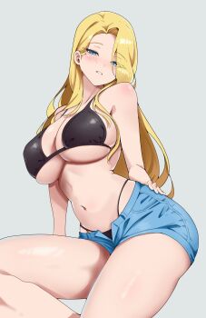 1girl absurdres bare_shoulders bikini black_bikini blonde_hair blue_eyes blush breasts denim denim_shorts grey_background hand_on_own_hip highres kuraido_(kuraid_draw) large_breasts long_hair looking_at_viewer navel open_pants original pants shorts simple_background sitting solo swimsuit tagme thong_bikini