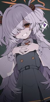 1girl blue_archive blush breasts brown_eyes choker collared_shirt commentary_request dress grey_dress grin hair_ornament halo highres izuoku kanoe_(blue_archive) long_hair long_sleeves looking_at_viewer neck_ribbon ribbon shaded_face shirt small_breasts smile solo two_side_up white_hair white_shirt