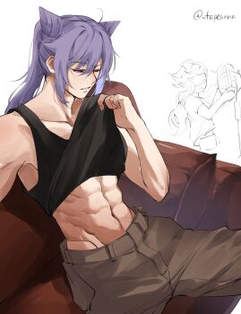 Rule 34 | 2girls, abs, blush, breasts, commentary, couch, electric fan, english commentary, ganyu (genshin impact), genshin impact, hair between eyes, highres, hot, keqing (genshin impact), medium breasts, multiple girls, muscular, muscular female, navel, pants, ponytail, purple eyes, purple hair, simple background, sitting, tapeanna, twitter username, watermark, white background