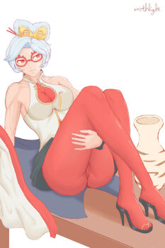 1girl absurdres artist_name breasts cameltoe coat glasses high_heels highres mothlight nintendo pantyhose purah red_pantyhose sitting sitting_on_table skirt table the_legend_of_zelda the_legend_of_zelda:_tears_of_the_kingdom tight_clothes vase white_hair
