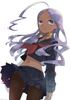 10s 1girl ahoge bindi black_sailor_collar black_serafuku black_shirt black_skirt brown_pantyhose closed_mouth commentary_request cowboy_shot dark-skinned_female dark_skin facial_mark fate/extra fate_(series) female_focus forehead_mark glasses highres long_hair long_sleeves midriff navel neckerchief no_panties pantyhose parted_bangs pleated_skirt purple_eyes purple_hair rani_viii red_neckerchief sailor_collar school_uniform serafuku shirt signature skirt solo very_long_hair yuzuki_gao