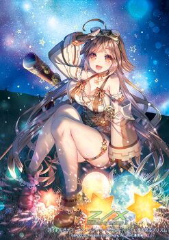 1girl ahoge bare_shoulders black_gloves bow breasts brown_collar brown_eyes brown_hair brown_shirt brown_shoes chest_harness cleavage collar copyright_logo copyright_notice detached_sleeves fingerless_gloves frilled_arm_strap gears gloves goggles goggles_on_head grasslands harness hexagon large_breasts light_particles logo long_hair night official_art orange_bow outdoors prism_(z/x) salute shirt shoes sitting sky solo star_(sky) star_(symbol) striped_bow telescope thigh_strap very_long_hair yuasa_akira z/x