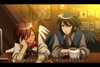 2boys =_= ahoge alternate_costume angel angel_wings black_hair blush bow bowtie brown_hair closed_eyes cup dark_pit drunk highres holding holding_cup kid_icarus kid_icarus_uprising letterboxed looking_at_another male_focus multiple_boys nintendo pit_(kid_icarus) red_bow red_bowtie red_eyes rushia_(retreat) translation_request wings