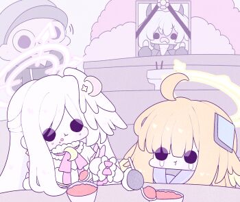 Rule 34 | 1boy, 3girls, ahoge, angry, blue archive, blunt bangs, chibi, chibi only, commentary request, crescent, crescent hair ornament, demon horns, detached collar, eating, erika (blue archive), hair ornament, halo, head wings, highres, holding, holding spoon, horns, iei, incense burner, kim yongha, korean commentary, kusurikawaii, long hair, magical girl, multiple girls, neck ribbon, official alternate costume, orange hair, pink halo, pink ribbon, ribbon, sailor collar, shimiko (blue archive), shimiko (magical) (blue archive), single hair intake, single head wing, solid circle eyes, spoon, suzumi (blue archive), suzumi (magical) (blue archive), very long hair, white hair, wings, yellow halo