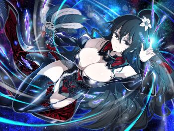 1girl armor armored_dress armpits bare_shoulders black_dress black_eyes black_feathers black_hair black_thighhighs blush boots breasts cleavage closed_mouth coattails cryokinesis crystal detached_collar dress energy feather_fan feathers fingernails floating floating_object flower fubuki_(senran_kagura) garter_straps hair_between_eyes hair_flower hair_ornament hand_fan high_heels high_ponytail highres holding holding_fan ice ice_crystal ice_shard japanese_clothes large_breasts lily_(flower) long_hair long_sleeves looking_at_viewer night night_sky o-ring o-ring_thigh_strap official_alternate_costume official_alternate_hairstyle official_art pale_skin ponytail red_dress senran_kagura senran_kagura_new_link shiny_skin sky solo star_(sky) star_(symbol) starry_sky starry_sky_background strapless tassel thigh_boots thigh_strap thighhighs thighs two-tone_dress very_long_hair white_feathers white_flower white_lily yaegashi_nan