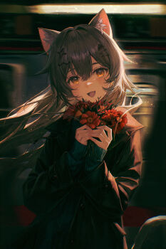 1girl absurdres animal_ear_fluff animal_ears backlighting blush bouquet brown_hair brown_jacket cat_ears cat_girl cat_tail chinese_commentary commentary_request drawer_bushi_huajia fang fish_skeleton_hair_ornament flower hair_ornament highres holding holding_bouquet jacket long_hair looking_at_viewer motion_blur moving_background open_mouth orange_eyes original own_hands_together partial_commentary ribbed_sweater smile solo star_(symbol) star_hair_ornament sweater tail train upper_body