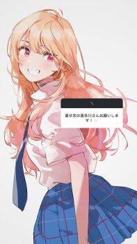 Rule 34 | 1girl, black choker, blonde hair, blue necktie, blue skirt, blush, choker, clenched teeth, commentary request, fly (marguerite), highres, kitagawa marin, lace-trimmed choker, lace trim, long hair, necktie, open mouth, pink hair, pleated skirt, request inset, school uniform, shirt, short sleeves, simple background, skirt, solo, sono bisque doll wa koi wo suru, teeth, translation request, white background, white shirt