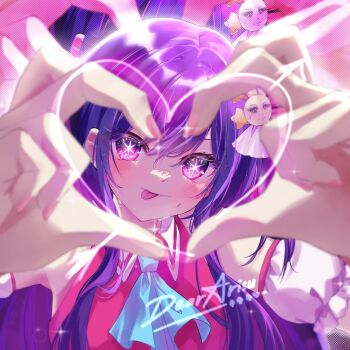1girl blush closed_mouth commentary dear_arisu double-parted_bangs dress hair_between_eyes hair_ornament hands_up heart heart_hands highres hoshino_ai idol idol_clothes long_hair looking_at_viewer oshi_no_ko pink_dress purple_eyes purple_hair smile solo star-shaped_pupils star_(symbol) star_hair_ornament sweat symbol-only_commentary symbol-shaped_pupils tongue tongue_out upper_body