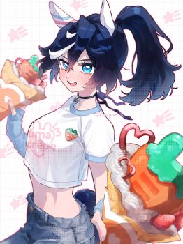 1girl absurdres animal_ears arm_warmers bare_shoulders black_choker black_hair blue_eyes blush breasts carrot choker commentary_request crepe cropped_shirt denim ear_covers food hair_between_eyes heart heart_choker highres holding holding_crepe holding_food horse_ears horse_girl horse_tail katsuragi_ace_(umamusume) long_hair looking_at_viewer medium_breasts midriff multicolored_hair navel open_mouth pants ponytail shirt short_sleeves smile solo star_(symbol) streaked_hair tail teeth toripica umamusume white_hair white_shirt