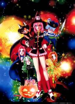 3girls 4boys absurdres animal_ears antennae arisugawa_juri bindi black_gloves black_hair blue_eyes cat_ears cat_tail chibi chu_chu_(shoujo_kakumei_utena) cosplay crown curly_hair dark-skinned_female dark_skin earrings fairy fairy_wings fake_animal_ears fake_antennae fake_tail fangs fur_collar glasses gloves green_eyes green_hair halloween halloween_bucket halloween_costume hat highres himemiya_anthy holding holding_sword holding_weapon jack-o'-lantern jewelry kaoru_miki kiryuu_touga mask mask_on_head monkey monkey_ears multiple_boys multiple_girls official_alternate_costume official_art orange_hair pink_hair pirate_costume pirate_hat purple_eyes purple_fur red_hair saionji_kyouichi saitou_chiho shoujo_kakumei_utena skeleton_costume skeleton_print star_(symbol) striped_clothes sword tail tenjou_utena tongue tongue_out vampire_costume wavy_hair weapon wings witch witch_hat