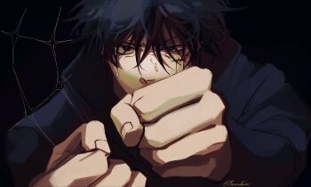 Rule 34 | 1boy, absurdres, black background, black hair, fushiguro megumi, hair between eyes, hashtag-only commentary, highres, jujutsu kaisen, jujutsu tech uniform, male focus, outstretched arms, short hair, simple background, solo, somedeimi, sparkle, sweatdrop, twitter username