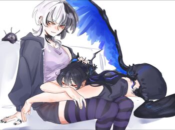 2girls black_choker black_hair black_hoodie black_nails black_pants black_tank_top choker closed_eyes closed_mouth commentary demon_horns ear_piercing english_commentary feathered_wings hand_on_another's_head hololive hololive_english hood hoodie horns low_wings lying lying_on_lap multicolored_hair multiple_girls nerissa_ravencroft on_stomach pants piercing purple_shirt purple_thighhighs red_eyes shiori_novella shirt smile streaked_hair striped_clothes striped_thighhighs tank_top thighhighs thumb_ring tibetanyakart virtual_youtuber white_hair wings wolf_cut yuri