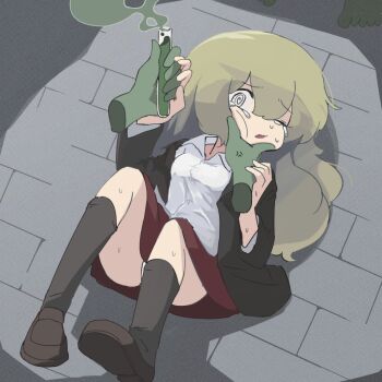 1girl 2boys @_@ black_jacket black_socks blazer cheek_squash collared_shirt colored_skin crying crying_with_eyes_open disembodied_hand feeding force-feeding green_hair green_skin hand_on_another's_chin jacket loafers long_hair lying multiple_boys on_back on_ground one_eye_closed open_mouth original panties panty_peek potion red_skirt shirt shoes skirt socks solo_focus sweat tears tomson_(tmsn_254) underwear vial white_shirt