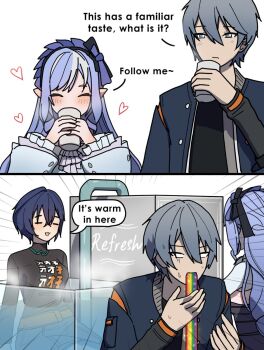 1boy 2girls belle_(zenless_zone_zero) beverage_dispenser blush brother_and_sister closed_eyes commentary cup dorahdew drinking_glass english_commentary english_text female_pervert heart highres holding holding_cup implied_incest multiple_girls pervert pointy_ears siblings speech_bubble spit_take spitting surprised sweat vivian_banshee vomiting_rainbows wise_(zenless_zone_zero) zenless_zone_zero