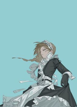 Rule 34 | 1boy, apron, black dress, black gloves, blue background, blue eyes, braid, brown hair, bw sekai, crossdressing, crossdressing (mtf), dress, expressionless, frilled apron, frilled dress, frills, gloves, hashtag-only commentary, highres, kanae (19th costume) (nijisanji), kanae (nijisanji), long hair, long sleeves, maid, maid apron, maid headdress, male focus, male maid, mole, mole under eye, nijisanji, official alternate costume, simple background, single braid, sleeve cuffs, solo, trap, virtual youtuber, white apron