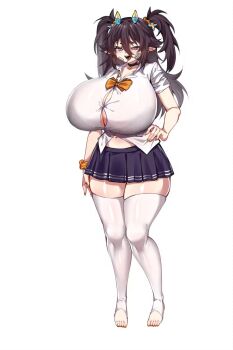 1girl black_hair breasts button_gap choker full_body gigantic_breasts haitai_umita highres horns huge_breasts long_hair original pleated_skirt pointy_ears purple_eyes school_uniform scrunchie shirt simple_background skirt solo thick_thighs thighhighs thighs toeless_legwear twintails umita white_background white_shirt white_thighhighs
