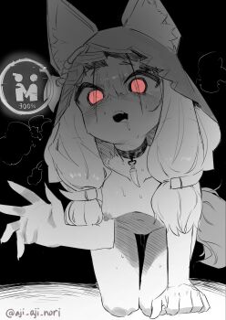 1girl aji_aji_nori all_fours animal_ears arknights arknights:_endfield breasts choker commentary drooling gameplay_mechanics highres hood hood_up jewelry loli medium_hair necklace nipples pussy_juice red_eyes rossi_(arknights) small_breasts solo spot_color tail teeth tooth_necklace upper_teeth_only wolf_ears wolf_girl wolf_tail