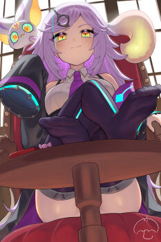 Rule 34 | 1girl, absurdres, amagasa, blush, chair, commentary request, crossed legs, feet on table, from below, hair ornament, highres, indoors, long hair, messy hair, monster strike, necktie, on chair, purple hair, sherlock holmes (monster strike), sitting, smile, table, thighhighs, window, yellow eyes