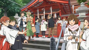 Rule 34 | 1boy, 6+girls, bandana, black hair, broom, brown hair, camera, coat, commentary, duffel coat, fuyuhino, glasses, hair ornament, hairclip, hand on another's shoulder, hariya kaho, hatsumoude, hibike! euphonium, holding, holding broom, holding camera, japanese clothes, kamaya suzume, kamaya tsubame, kamiishi yayoi, katou hazuki, kawashima sapphire, kousaka reina, kuroe mayu, long hair, medium hair, miko, multiple girls, new year, oumae kumiko, outdoors, red bandana, rope, shide, shimenawa, short hair, shrine, smile, stone lantern, tsukamoto shuuichi