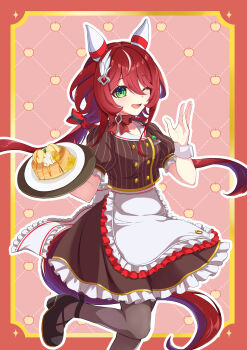 Rule 34 | 1girl, absurdres, animal ears, apron, blush, breasts, brown pantyhose, brown shirt, brown skirt, coco's, commentary request, ear covers, ear ornament, feather hair ornament, feathers, food, green eyes, hair between eyes, hair ornament, highres, holding, holding tray, horse ears, horse girl, horse tail, long hair, looking at viewer, low twintails, mugi mg317, one eye closed, open mouth, pancake, pancake stack, pantyhose, red hair, shirt, shoes, skirt, smile, solo, standing, standing on one leg, tail, tray, twintails, umamusume, waist apron, white apron, white wrist cuffs, win variation (umamusume), wrist cuffs