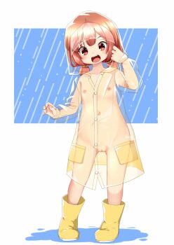 1girl blush boots cleft_of_venus coat female_focus full_body kaiboukan_no._4_(kancolle) kantai_collection loli long_sleeves low_twintails nassukun nipples nude open_mouth pussy rain raincoat red_eyes red_hair rubber_boots see-through_clothes see-through_raincoat short_twintails simple_background solo standing twintails wet wet_clothes yellow_boots yellow_coat