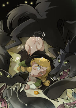 1girl after_rape all_fours back bestiality black_cape black_pants blonde_hair blue_eyes bottomless braid cape censored clothes_pull constricted_pupils crying crying_with_eyes_open cum cum_in_pussy cum_on_back cum_on_body cum_on_floor cum_on_hair doggystyle from_above gang_rape green_shirt hetero jcm2 loli long_hair long_sleeves looking_at_viewer looking_up low_twintails mind_break mosaic_censoring no_panties open_mouth pants pants_pull rape robyn_goodfellowe sex sex_from_behind shirt solo_focus tears testicles torn_clothes torn_pants twintails wolf wolfwalkers