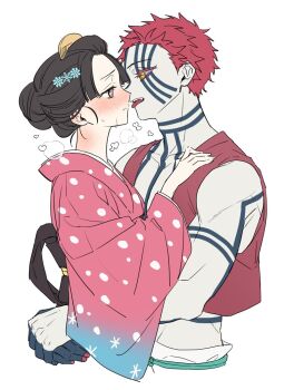 1boy 1girl akaza_(kimetsu_no_yaiba) arms_around_waist black_hair blue_eyes blush bright_pupils commentary_request embarrassed eyelashes face-to-face facial_tattoo from_side frown hair_ornament hair_pulled_back half-closed_eyes heart hetero imminent_kiss japanese_clothes kimetsu_no_yaiba kimono koyuki_(kimetsu_no_yaiba) long_sleeves looking_at_another muscular muscular_male pink_hair pink_kimono polka_dot polka_dot_kimono short_hair simple_background smm_gb snowflake_hair_ornament tattoo tongue tongue_out updo white_background yellow_eyes