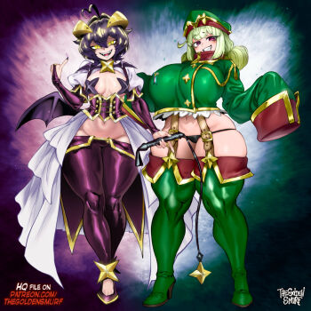 2girls ahoge arm_at_side artist_name bat_brooch bat_wings belt black_nails black_panties boots breastless_clothes breasts bridal_gauntlets commentary corset covered_knees cross cross-shaped_pupils cross_facial_mark cross_pasties curvy demon_girl double_bun english_commentary facial_mark fangs fold-over_gloves forward-facing_horns full_body gloves glowing glowing_eyes green_boots green_gloves green_hair green_hat green_jacket grin groin hair_bun hand_up hands_up hat high_heel_boots high_heels holding holding_riding_crop horns huge_breasts jacket large_breasts leoparde_(mahou_shoujo_ni_akogarete) long_sleeves looking_at_viewer lowleg lowleg_panties lowleg_pants magia_baiser mahou_shoujo_ni_akogarete midriff military_hat military_jacket mole mole_under_eye multiple_girls navel no_pants open_mouth paid_reward_available panties pants pasties patreon_username purple_corset purple_gloves purple_hair purple_pants purple_shoes revealing_clothes riding_crop sharp_teeth shoes short_hair short_sleeves showgirl_skirt shrug_(clothing) skindentation sleeves_past_fingers sleeves_past_wrists small_breasts smile standing star_(symbol) star_pasties stomach suspenders symbol-shaped_pupils teeth the_golden_smurf thick_thighs thighs underwear white_shrug wide_hips wings yellow_eyes yellow_horns