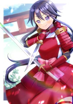 1girl arm_guards armor belt black_hair blue_sky blurry blurry_background closed_mouth cloud collar commentary_request commission day depth_of_field hair_between_eyes holding holding_sword holding_weapon japanese_armor japanese_clothes katana kimono kou_hiyoyo looking_at_viewer original purple_eyes red_belt red_collar red_skirt short_sleeves shoulder_armor skeb_commission skirt sky smile sode solo sword thigh_belt thigh_strap torii v-shaped_eyebrows weapon weapon_request white_kimono