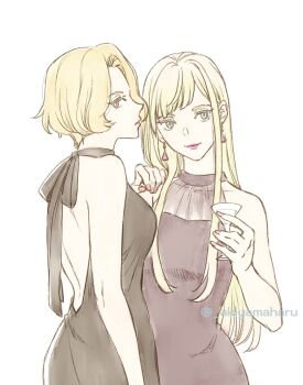 Rule 34 | 2girls, akiyama haru, aqua eyes, back, backless dress, backless outfit, bare back, black ribbon, blonde hair, brown eyes, cocktail glass, commentary request, cup, dress, drinking glass, earrings, formal clothes, from side, gigi andalusia, gundam, gundam: hathaway's flash, holding, holding cup, jewelry, lipstick, long hair, looking at viewer, looking back, mace flower, makeup, multiple girls, nail polish, neck ribbon, pink lips, pink nails, profile, red lips, red nails, ribbon, short hair, simple background, sleeveless, sleeveless dress, twitter username, white background