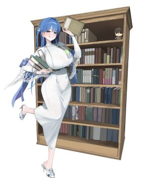 1girl absurdres arcana_(nikke) blue_eyes blue_hair blush book bookshelf breast_zipper breasts character_doll claws commander_(nikke) doll dress ear_piercing earrings full-length_zipper goddess_of_victory:_nikke grey_eyes gunu_(nyzn3223) hair_intakes hair_ornament high_heels highres holding holding_book jewelry large_breasts long_hair long_sleeves looking_at_viewer nightgown one_side_up open_mouth piercing silver_nails smile solo stuffed_toy teeth tight_clothes tight_dress turtleneck turtleneck_dress very_long_hair white_background white_dress white_nails white_nightgown zipper zipper_dress