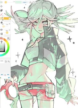 Rule 34 | 1girl, art program in frame, belt, black belt, black jacket, commentary request, cropped jacket, cropped shirt, flipped bangs, folded ponytail, fukukoma, gachiakuta, highres, jacket, lowleg, lowleg shorts, narrow waist, parted lips, red shorts, riyo reaper, scissors, shorts, sidelocks, simple background, solo, white background, white eyes, white hair