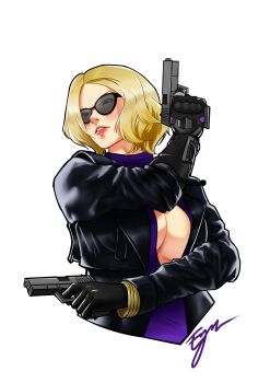 1girl absurdres blonde_hair breasts cleavage dress dual_wielding gun highres holding holding_gun holding_weapon jacket large_breasts miracleseedlin1 namco nina_williams purple_dress solo tekken tekken_8 weapon