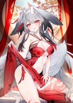 1girl alternate_costume animal_ear_fluff animal_ears armpit_crease autumn_leaves bare_arms bare_legs bare_shoulders barefoot black_hair blush breasts cleavage clothes_lift collarbone commentary covered_navel cowboy_shot day dress droopy_ears floral_print grey_hair grin hair_between_eyes hairband halter_dress halterneck head_tilt highres horns horse_ears horse_girl horse_tail indoors la69lala large_breasts leaf leg_tattoo lifting_own_clothes light_particles long_hair looking_at_viewer multicolored_hair multicolored_horns panties parted_lips pelvic_curtain pelvic_curtain_lift print_dress red_dress red_eyes red_horns red_panties red_streaks round_window see-through_clothes see-through_dress side-tie_panties sidelocks single_horn sitting sleeveless sleeveless_dress smile solo streaked_hair string_panties tail tattoo see-through_horns two-tone_horns underwear very_long_hair white_hairband white_horns window ye_shunguang ye_shunguang_(enlightened_state) zenless_zone_zero