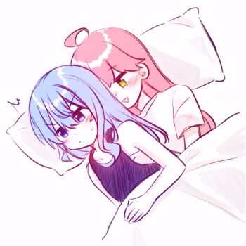 2girls ahoge blue_hair blush grabbing_another&#039;s_breast grabbing_from_behind groping highres hololive hoshimachi_suisei long_hair multiple_girls pillow pink_hair purple_eyes purple_tank_top sakura_miko shirt sweat tank_top under_covers virtual_youtuber white_shirt yellow_eyes yumi5469 yuri