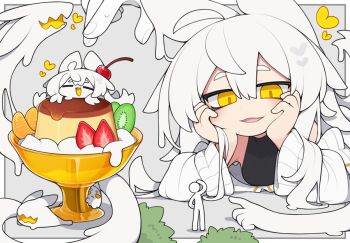 1girl 1other ahoge animal_ears black_shirt cherry closed_eyes colored_tongue commentary_request creature dorodra_(kisaragi_kaya) food food_on_head fruit fruit_on_head hair_between_eyes hair_flaps hands_on_own_cheeks hands_on_own_face ice_cream kisaragi_kaya kiwi_(fruit) kiwi_slice long_hair long_sleeves looking_at_another mini_person monster_girl multiple_views object_on_head off-shoulder_sweater off_shoulder open_mouth orange_(fruit) orange_slice original pudding pudding_a_la_mode shirt sidelocks sleeveless sleeveless_shirt smile strawberry strawberry_slice sweater turtleneck turtleneck_shirt very_long_hair white_hair white_sweater wide_sleeves yellow_eyes yellow_tongue