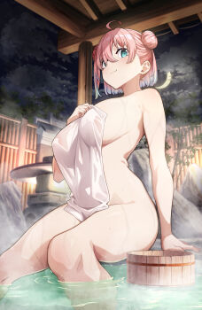 1girl absurdres ahoge aqua_eyes blue_hair blush breasts bucket closed_mouth cloud cloudy_sky colored_tips commentary_request covered_erect_nipples crescent_moon double_bun feet_out_of_frame hair_between_eyes hair_bun highres large_breasts looking_at_viewer moon multicolored_hair naked_towel night night_sky onsen original outdoors pink_hair rock see-through_towel short_hair sideboob sitting sky smile soaking_feet solo steam takano_tomohiro towel two-tone_hair wet