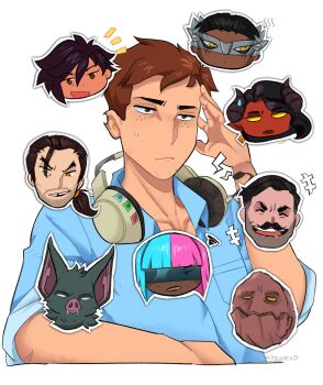 4girls 5boys absurdres aqua_hair bat_boy beard black_hair black_horns brown_eyes brown_hair chibi closed_eyes colored_sclera colored_skin commentary coupe_(dispatch) dark-skinned_female dark_skin demon_girl demon_horns dispatch earrings english_commentary face_piercing facial_hair facial_mark flambae_(dispatch) freckles golem_(dispatch) grey_background grin headphones headphones_around_neck highres horns invisigal jewelry kitzunexd malevola_(dispatch) multicolored_hair multiple_boys multiple_girls mustache nose_piercing piercing pink_hair ponytail prism_(dispatch) punch_up_(dispatch) red_skin robert_robertson simple_background smile sonar_(dispatch) split-color_hair sweatdrop two-tone_hair yellow_eyes yellow_sclera