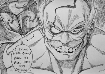 Rule 34 | 1boy, absurdres, balding, chronozbergh, conquest (invincible), crossover, cube, english text, evil grin, evil smile, facial hair, greyscale, grin, highres, i think we're gonna have to kill this guy steven (meme), invincible (series), meme, monochrome, muscular, muscular male, mustache, pen (medium), scar, scar across eye, scar on face, short hair, smile, traditional media, v-shaped eyebrows, wakfu