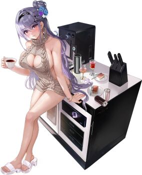 1girl artist_request backless_sweater black_hairband bracelet breasts brown_sweater cake cake_slice can cleavage cleavage_cutout clothing_cutout coffee_maker crossed_legs cup drink_can drinking_glass earrings feet flower food fork game_cg gradient_eyes hair_between_eyes hair_flower hair_ornament hairband heart_cutout holding holding_cup jewelry kirima_ruka kirima_ruka_(oath) knife_block large_breasts leaning_on_object legs long_hair looking_at_viewer multicolored_eyes non-web_source official_alternate_costume official_art parted_lips plate poker_fate purple_eyes purple_hair red_eyes ribbed_sweater sandals sideboob slippers soda_can solo sweater tea teacup toes transparent_background turtleneck turtleneck_sweater very_long_hair virgin_killer_sweater white_slippers