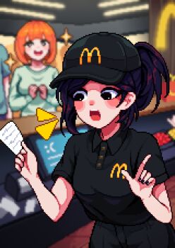 Rule 34 | 2girls, aseprite (medium), baseball cap, black eyes, black hair, black nails, black pants, black shirt, blurry, blush, bob cut, depth of field, employee uniform, fast food uniform, hat, highres, indoors, mcdonald's, mother (yoru mac), multiple girls, open mouth, orange hair, original, pants, pixel art, polo shirt, ponytail, product placement, shirt, shirt tucked in, short sleeves, smile, yoru mac, yumykon, yumyverse