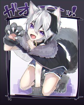 1girl absurdres ahoge androgynous animal_ears animal_hands border collar commentary_request dog_ears dog_tail fangs flower_(vocaloid) gloves grey_border hair_between_eyes highres kemonomimi_mode multicolored_hair open_mouth paw_gloves reirou_(chokoonnpu) short_shorts shorts slit_pupils solo streaked_hair tail translation_request vocaloid